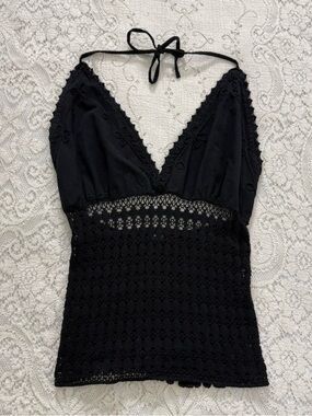 Y2k boho whimsigoth dark fairy grunge crochet halter top w embroidery
